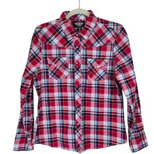 1901 Women Pearl Snap Western Shirt Large Plaid Pocket Rodeo Cowgirl Red Sequins